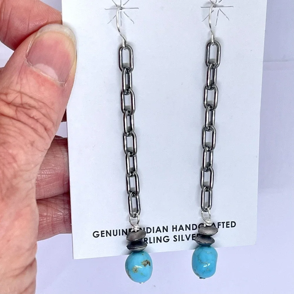 Long Navajo Turquoise Earrings 3.25in Sterling 925 Dangle Navajo Matte Chain - Picture 7 of 9